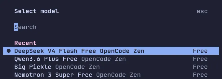 深色终端界面中正在选择 AI 模型的菜单, 当前选中项为 DeepSeek V4 Flash
