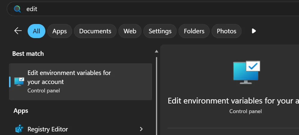 Windows 开始菜单搜索界面, 搜索内容为 edit, 最佳匹配项为编辑环境变量