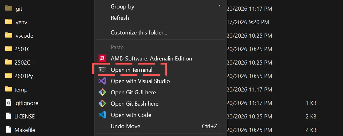 Windows 文件资源管理器右键菜单, 红色方框高亮显示 Open in Terminal 选项