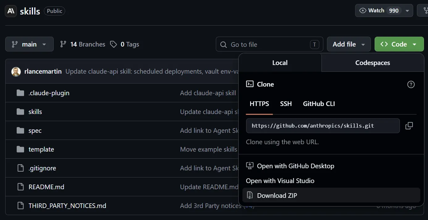 GitHub 代码仓库界面截图, 显示展开的绿色 Code 下拉菜单及克隆选项