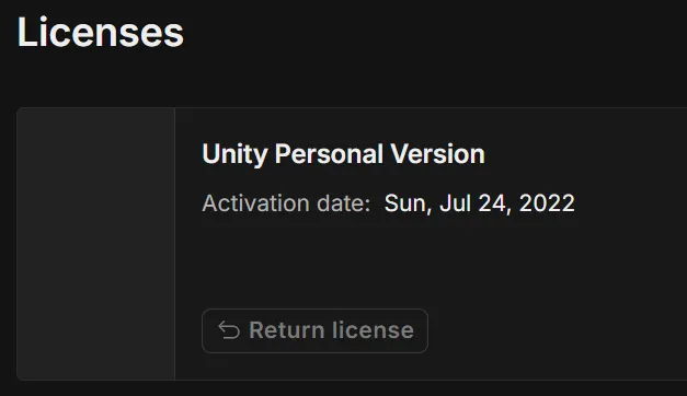Unity 个人版许可证激活界面截图, 显示激活日期为 2022 年 7 月 24 日