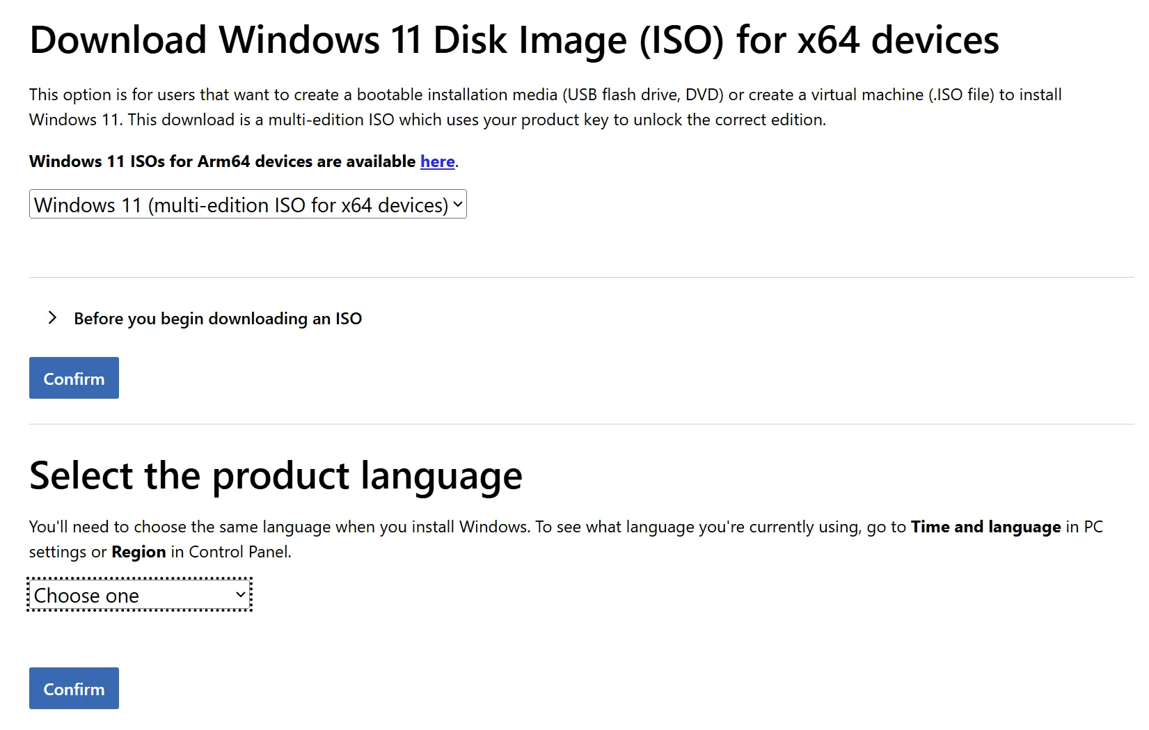 Windows 11 磁盘镜像下载页面, 显示选择产品语言的下拉菜单