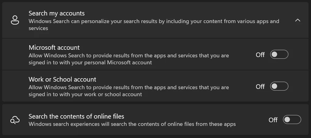 Windows 搜索我的账户设置界面, 显示所有搜索选项均已被关闭
