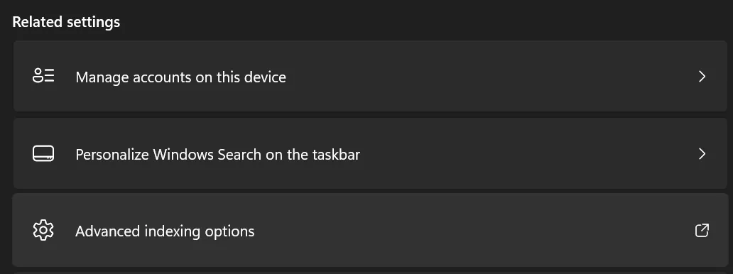 Windows 设置界面显示的相关设置列表, 包含账户管理和搜索个性化选项