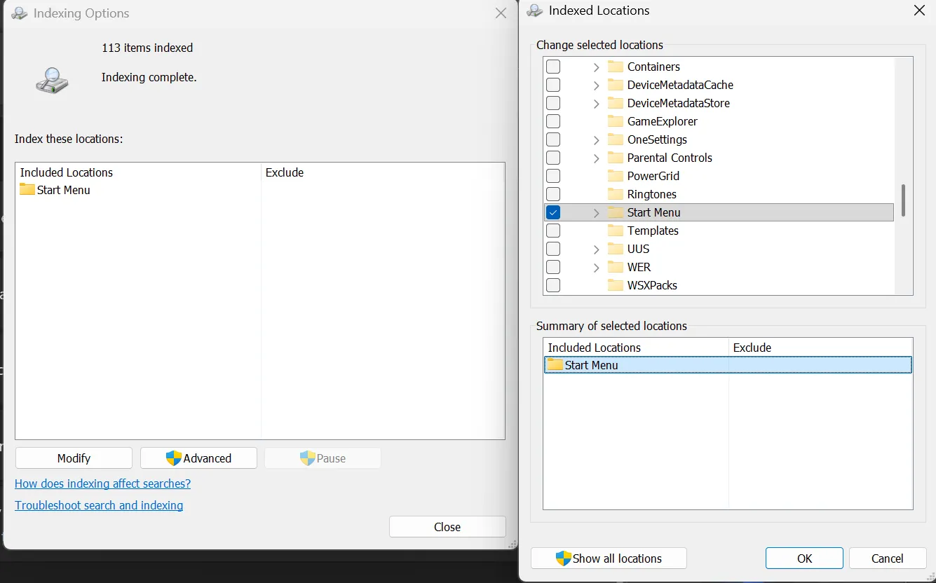 Windows 索引选项设置界面, 显示包含开始菜单的索引位置列表
