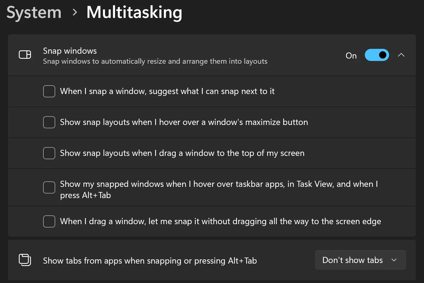 Windows 系统设置中的多任务处理页面, 展示窗口排列及相关选项的配置界面