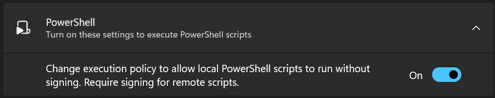 PowerShell 执行策略设置界面, 允许本地脚本无签名运行